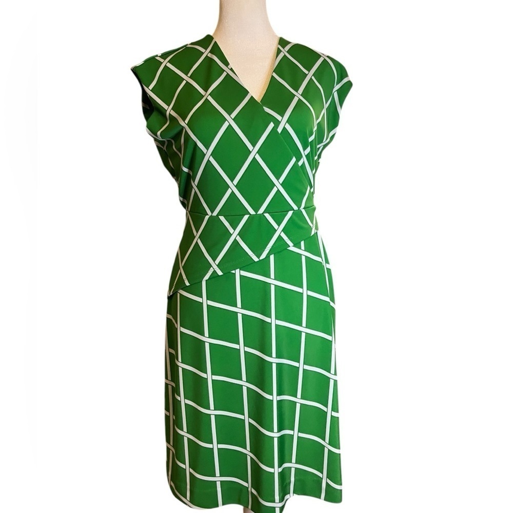Ann Taylor Kelly  Green White Lattice Print Dress Small Petite